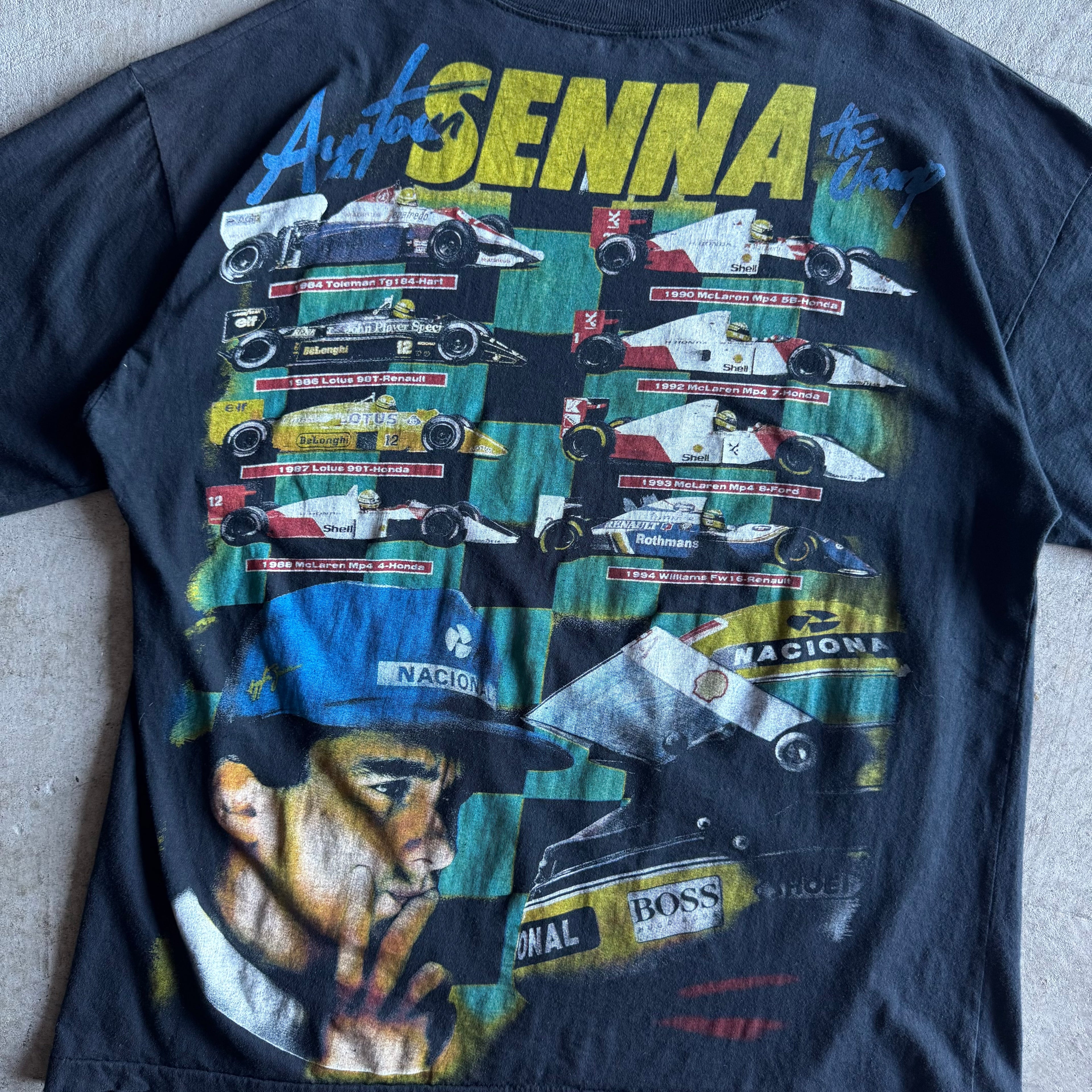 Vintage 90s Ayrton Senna F1 Chassis Tribute Black T Shirt Size XL
