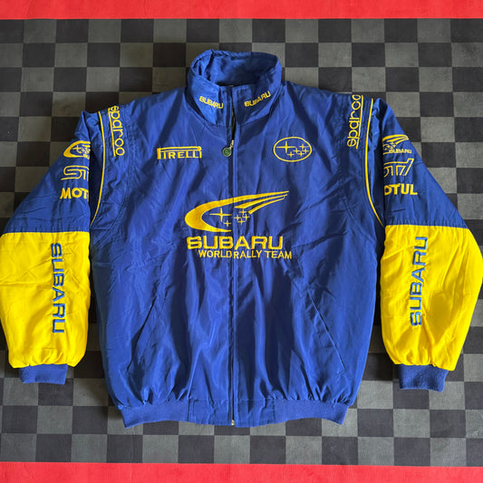 Vintage 90s Bootleg Subaru Rally Racing Blue Jacket Size Large