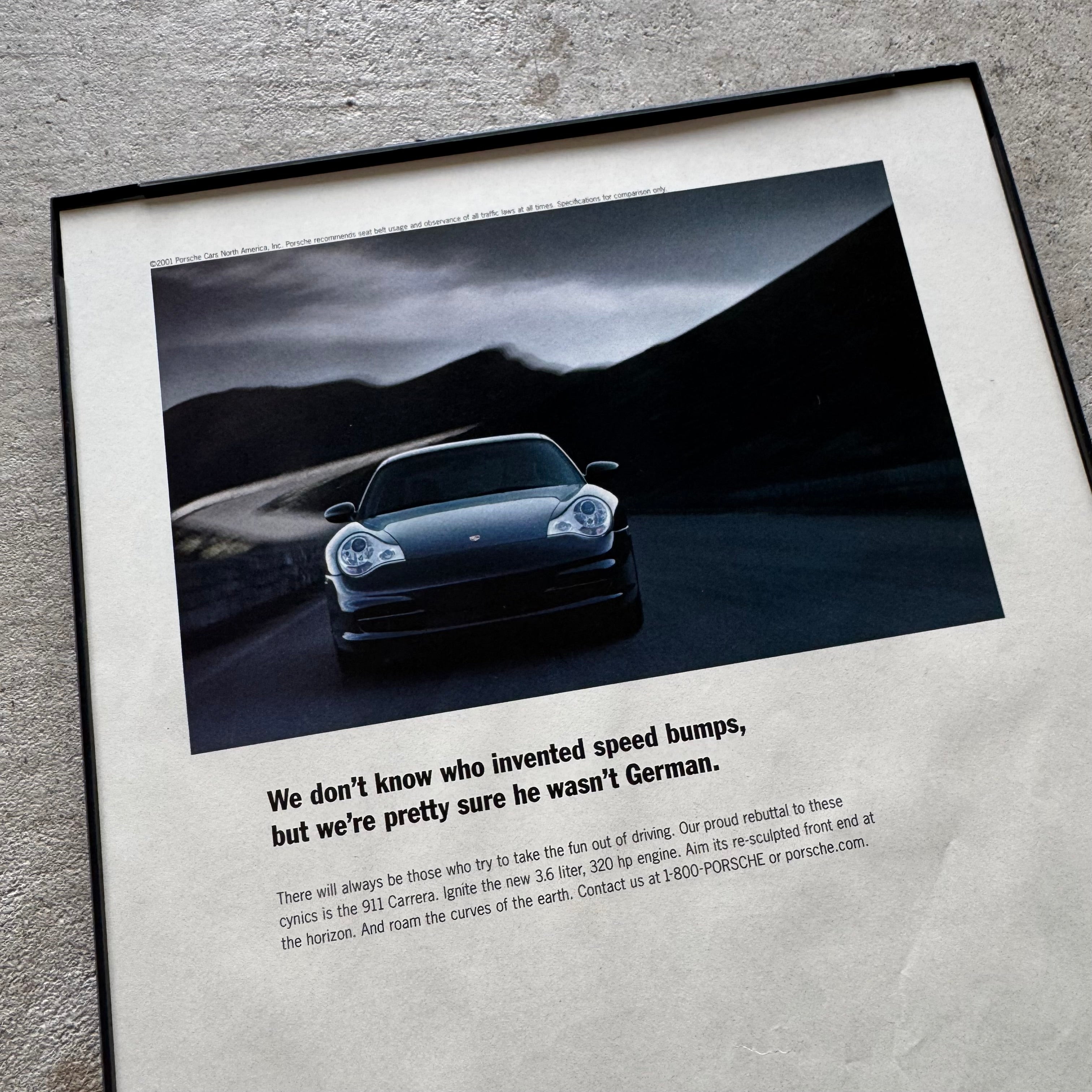 2001 Porsche Who Invented Speedbumps Framed Advertisement