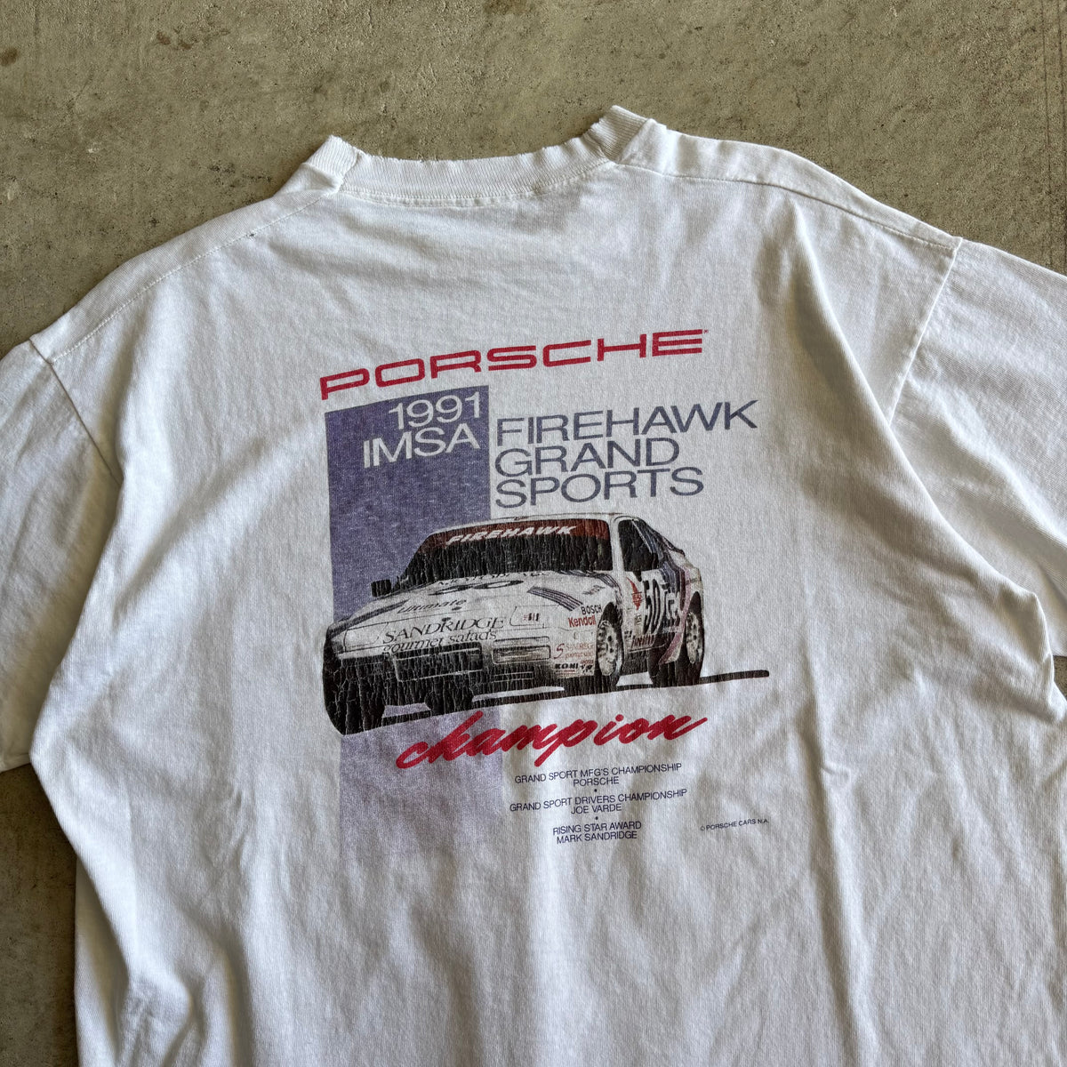 1991 Porsche 944 IMSA Firehawk Champion Distressed White T Shirt (L)