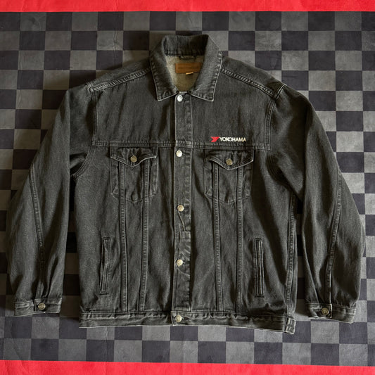Vintage Yokohama Motorsports Embroidered Black Denim Jean Jacket Size Large