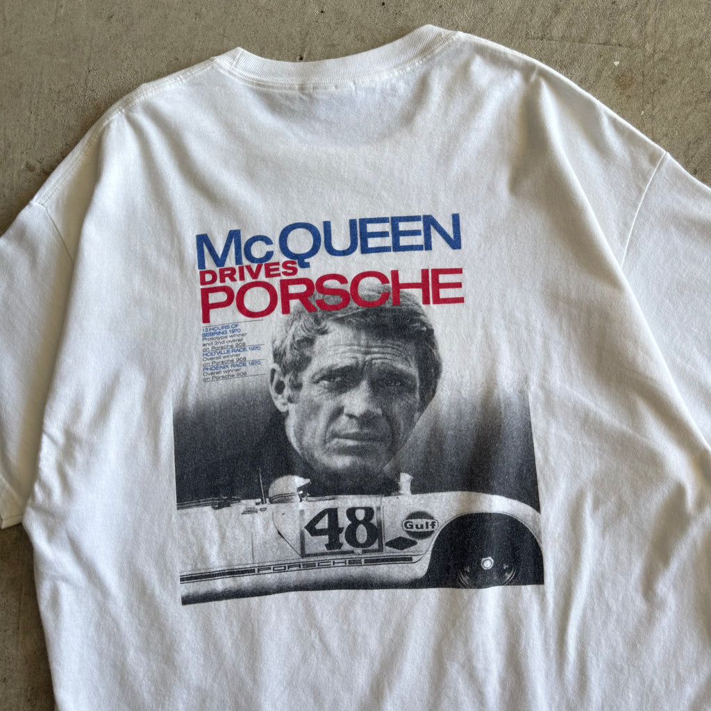 90s Porsche Steve McQueen Drives for Porsche White T Shirt (XL)