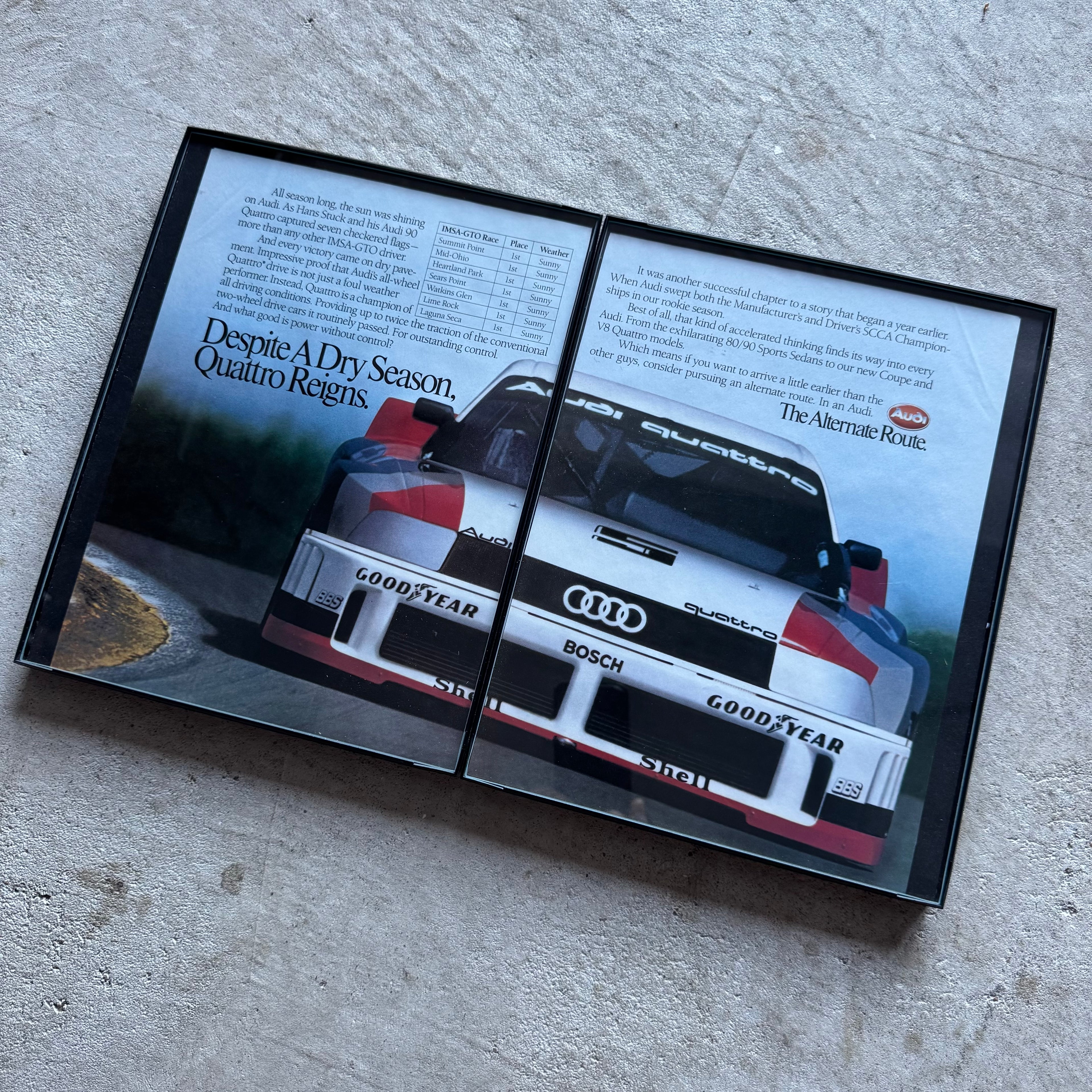1990 Audi 90 Quattro IMSA GTO Victory Record Framed Advertisement