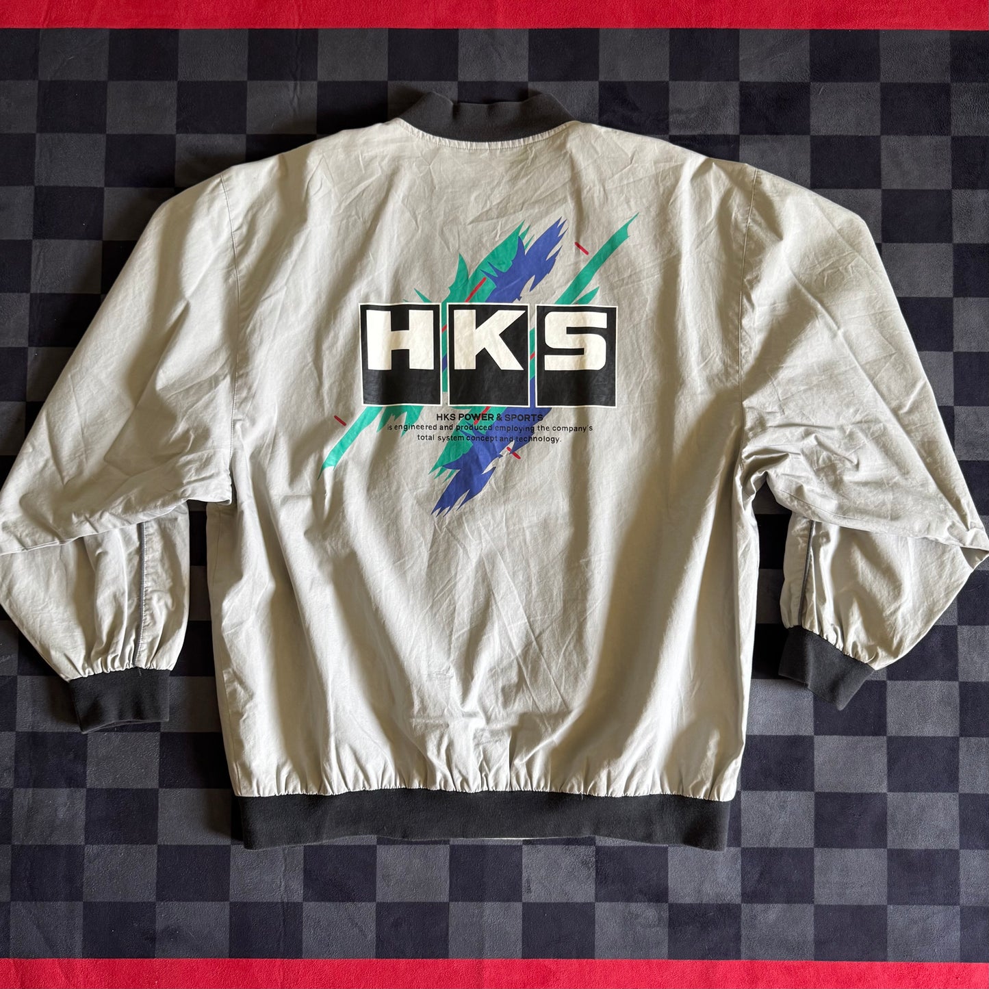 Vintage HKS Power Racing Oil Splatter Grey Bomber Jacket Size Large