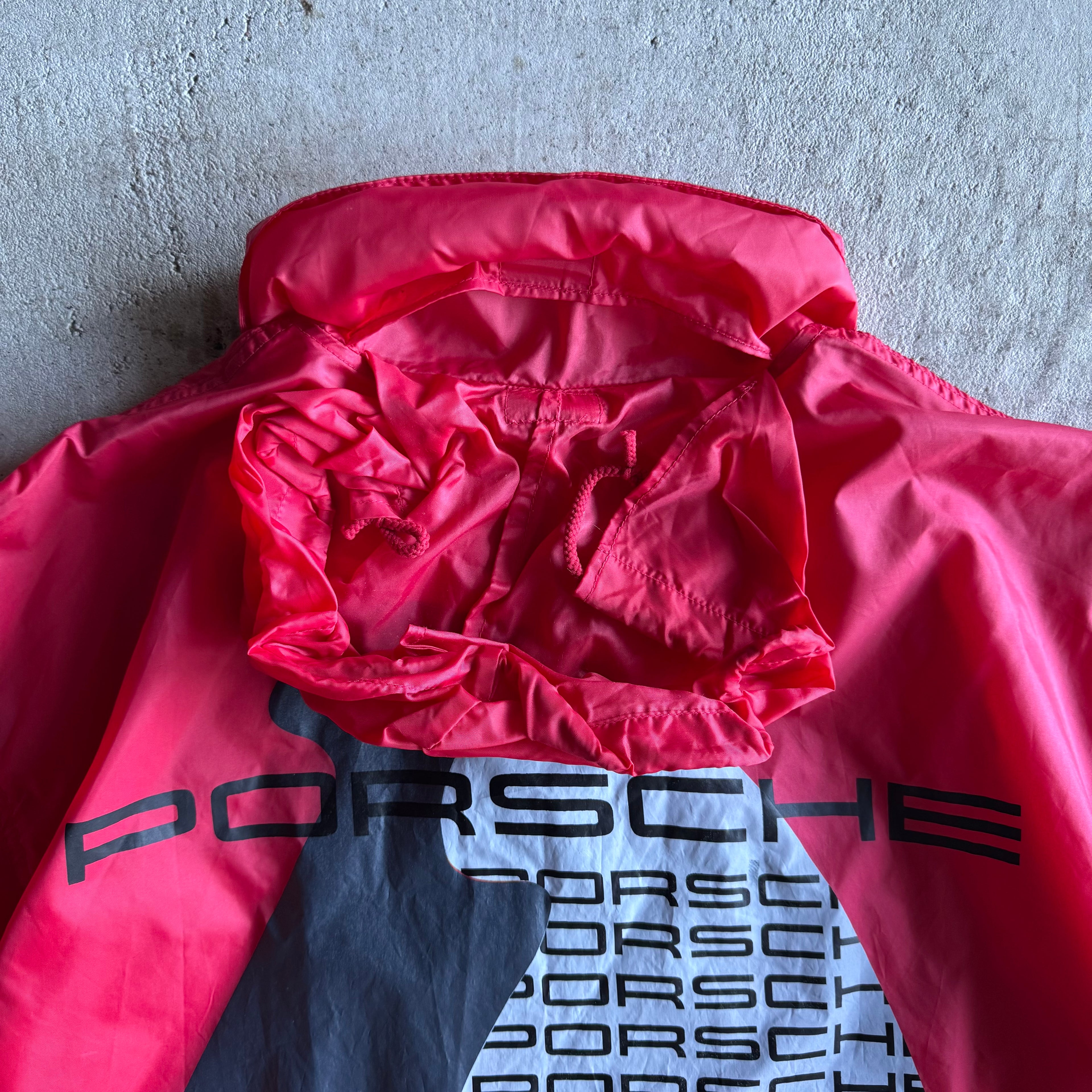 80s Porsche 944 Turbo Script Red Overcoat Rain Jacket (L)