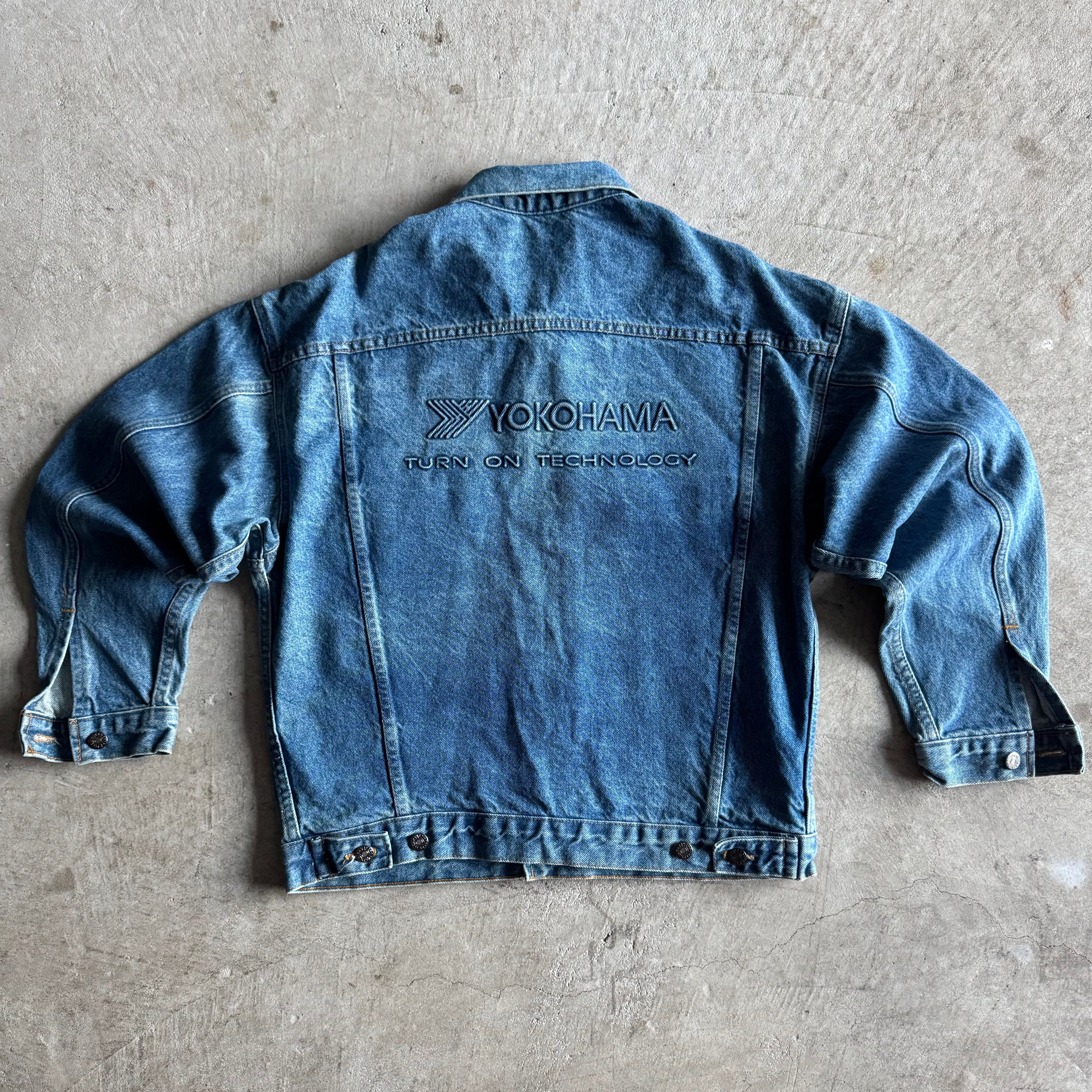 Vintage 90s Yokohama Motorsports Technology Blue Denim Jacket Size Large