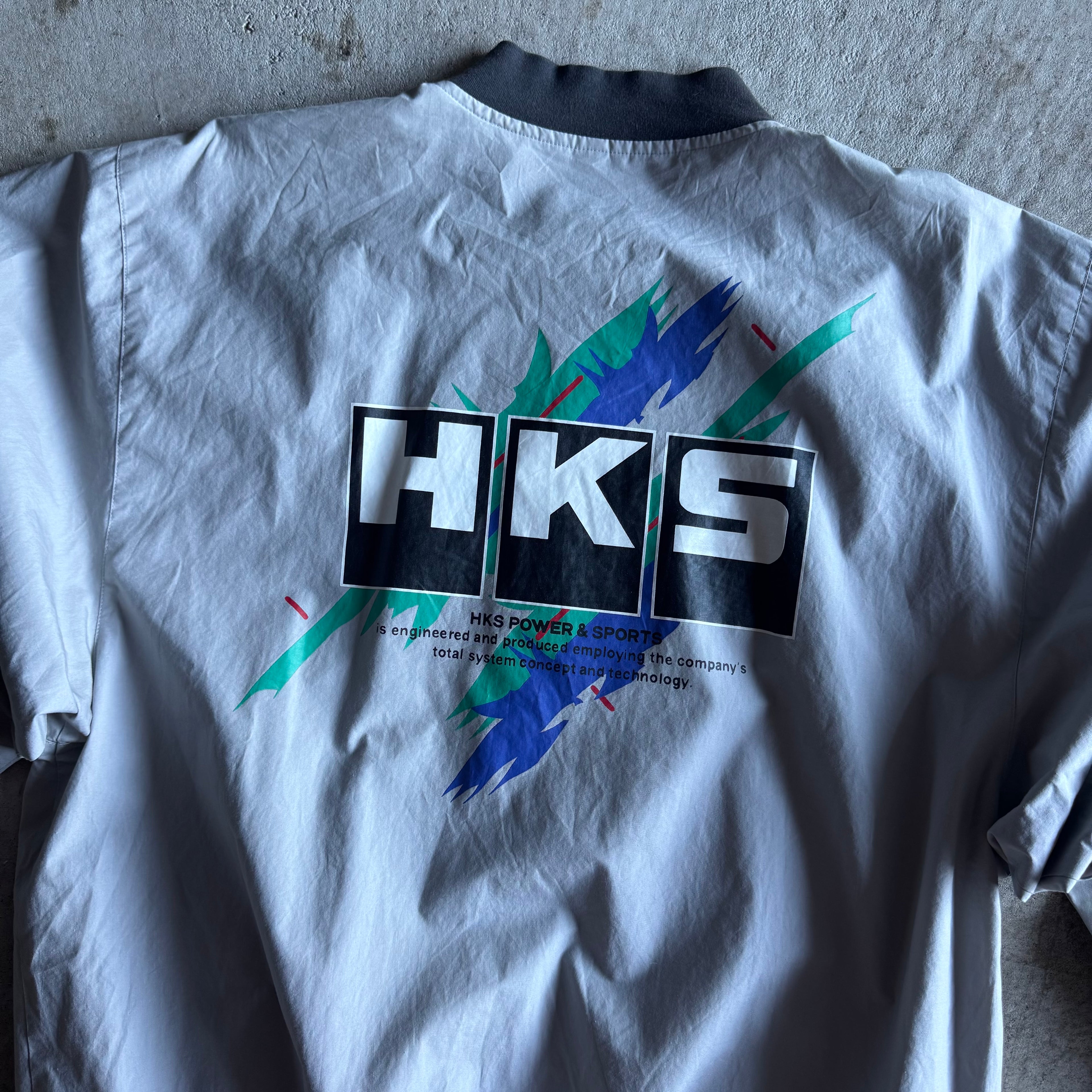 Vintage HKS Power Racing Oil Splatter Grey Bomber Jacket Size Large
