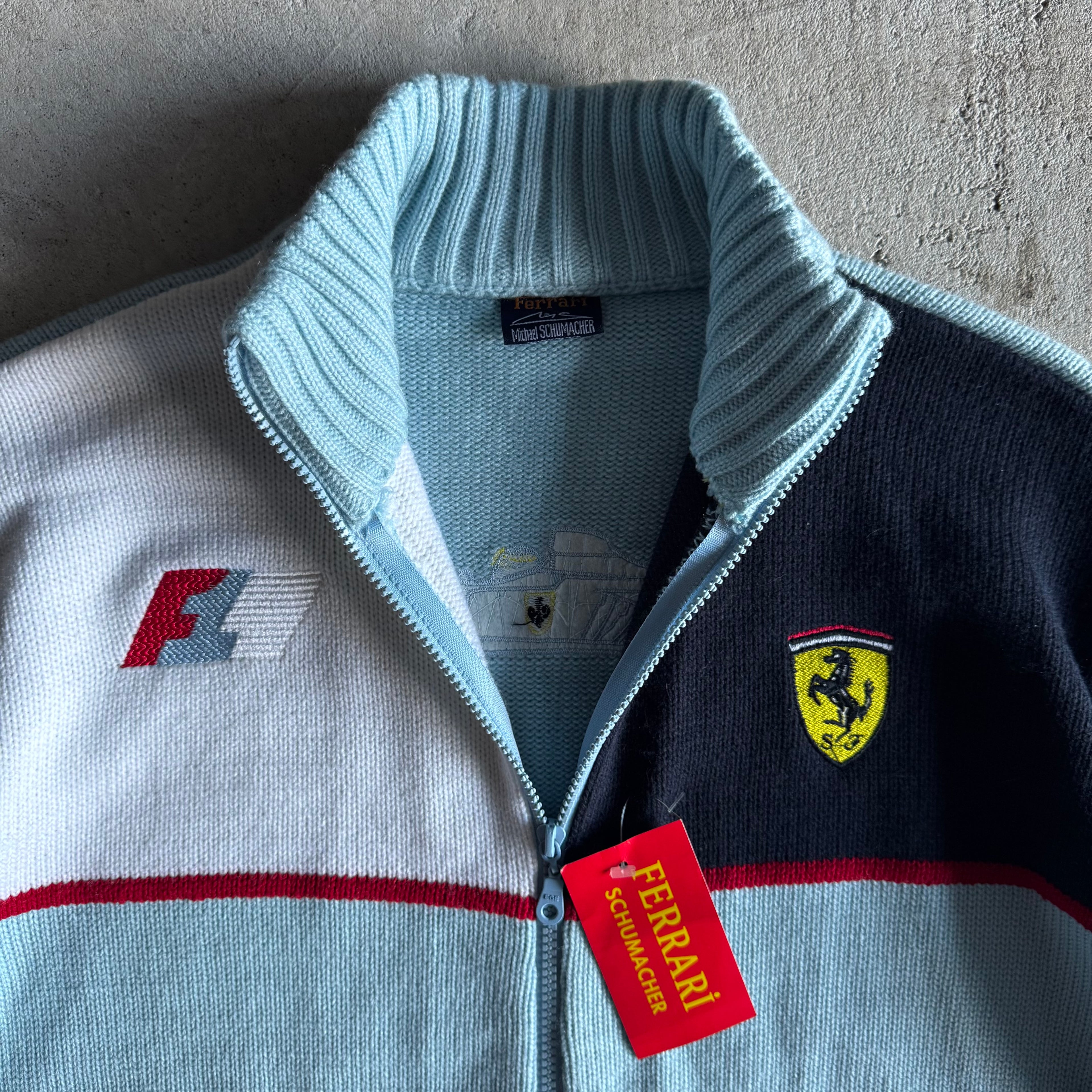 90s Ferrari Michael Schumacher Blue Knit Jacket (L)